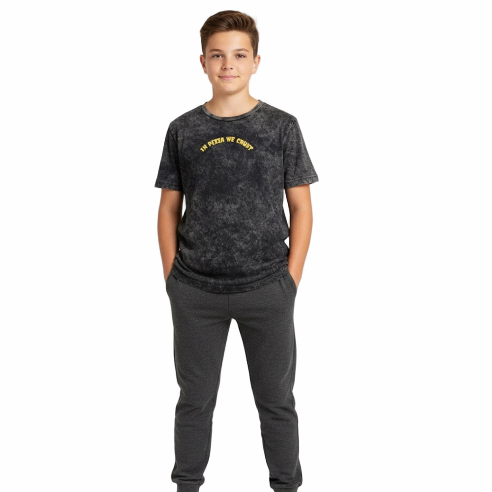 West 49 In Pizza We Crust Black Grey Graphic Tee T-Shirt Short Sleeve Youth 14